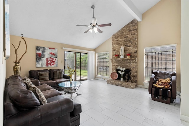 13530 Sharpbill Dr, Houston, TX 77083 - living room featuring a ceiling fan, high vaulted ceiling, beam ceiling, and a fireplace