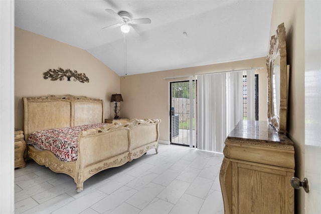 13530 Sharpbill Dr, Houston, TX 77083 - bedroom with vaulted ceiling, access to outside, light marble finish floors, and a ceiling fan