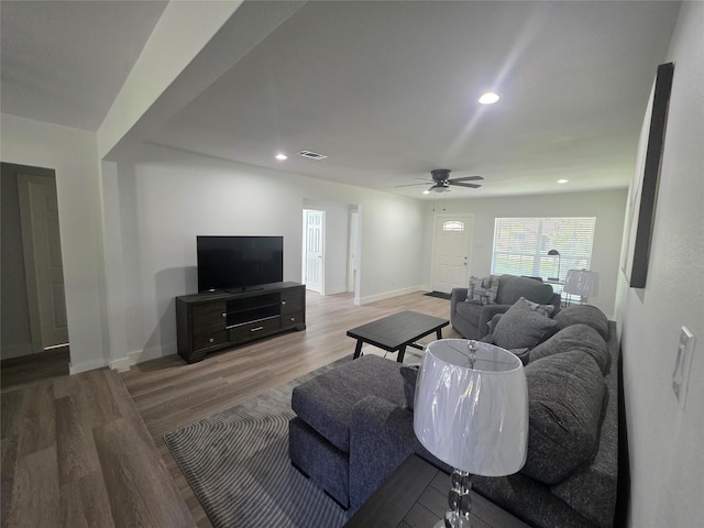 121 Tanglewood St, Baytown, TX 77520 - living room featuring a ceiling fan, wood finished floors, and recessed lighting
