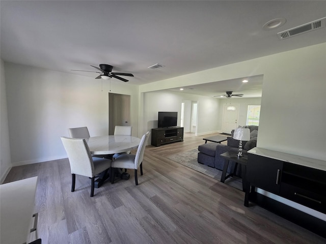 121 Tanglewood St, Baytown, TX 77520 - dining area with a ceiling fan, wood finished floors, and recessed lighting