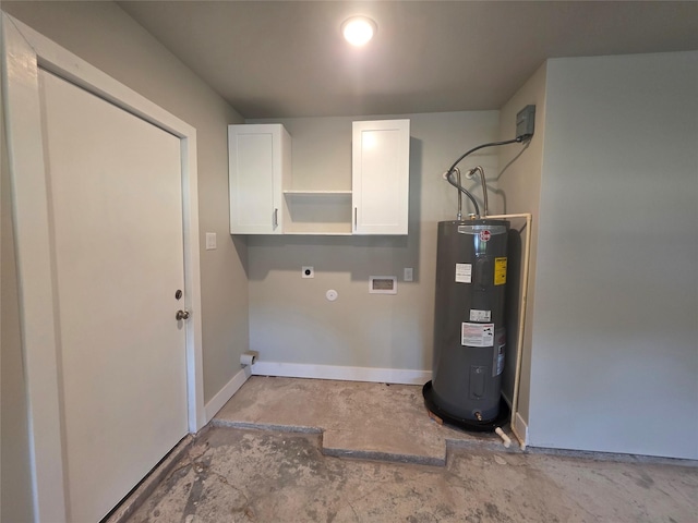 121 Tanglewood St, Baytown, TX 77520 - laundry area with electric dryer hookup, water heater, washer hookup, and cabinet space