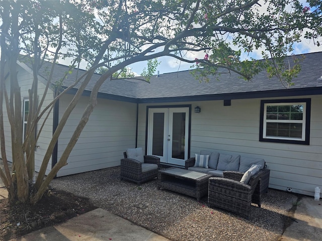 121 Tanglewood St, Baytown, TX 77520 - rear view of house with french doors, an outdoor hangout area, a shingled roof, and a patio