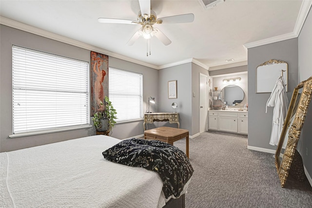 202 Old Bridge Lk, Houston, TX 77069 - bedroom with carpet flooring, ornamental molding, ensuite bath, and ceiling fan