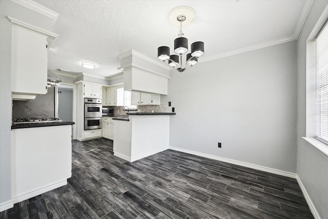 1804 Sleepy Creek Way, Pearland, TX 77581 - kitchen with dark countertops, stainless steel appliances, a chandelier, a peninsula, and backsplash