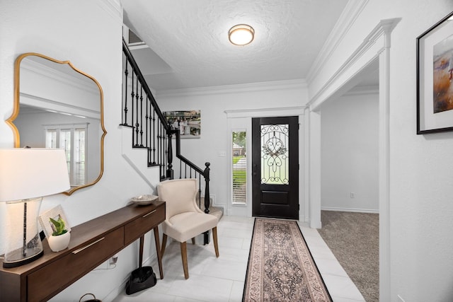 16235 Salmon Ln, Spring, TX 77379 - foyer featuring a textured ceiling, crown molding, and stairs