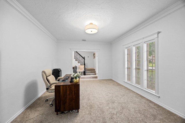 16235 Salmon Ln, Spring, TX 77379 - carpeted home office with crown molding and a textured ceiling