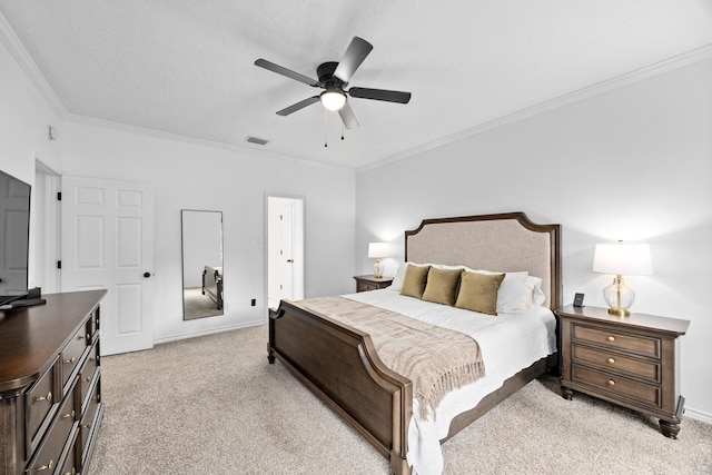 16235 Salmon Ln, Spring, TX 77379 - bedroom with light carpet, ornamental molding, and ceiling fan