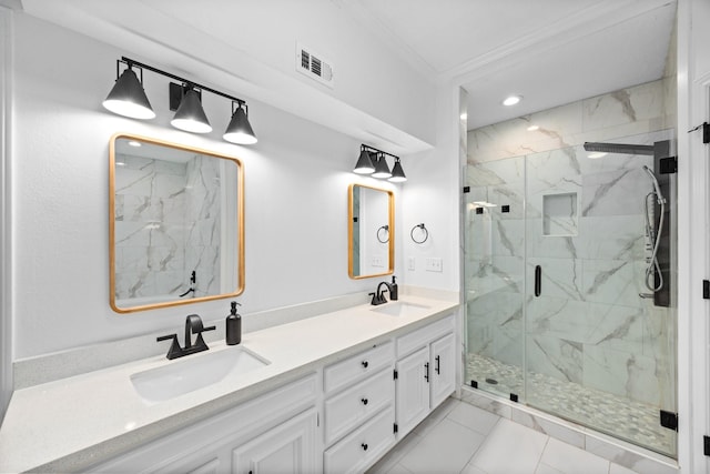 16235 Salmon Ln, Spring, TX 77379 - full bath with ornamental molding, a marble finish shower, and double vanity