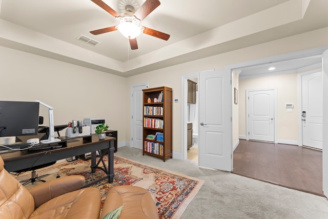 2623 Shady Woods Ln, Houston, TX 77008 - carpeted home office with ceiling fan, a tray ceiling, and recessed lighting
