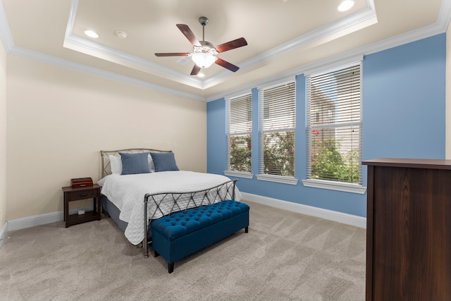 2623 Shady Woods Ln, Houston, TX 77008 - carpeted bedroom with a raised ceiling, crown molding, and ceiling fan