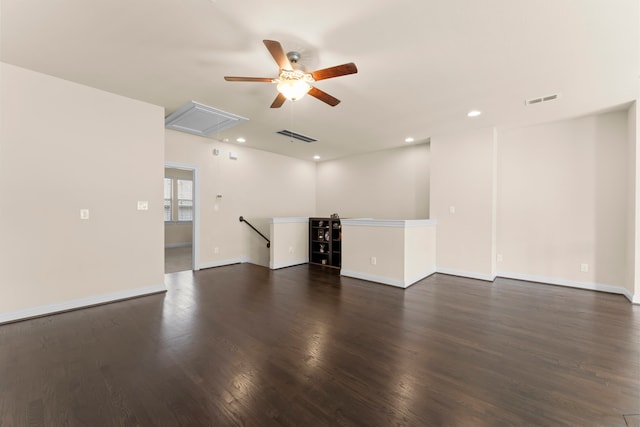 2623 Shady Woods Ln, Houston, TX 77008 - unfurnished living room featuring a ceiling fan, attic access, dark wood finished floors, and recessed lighting