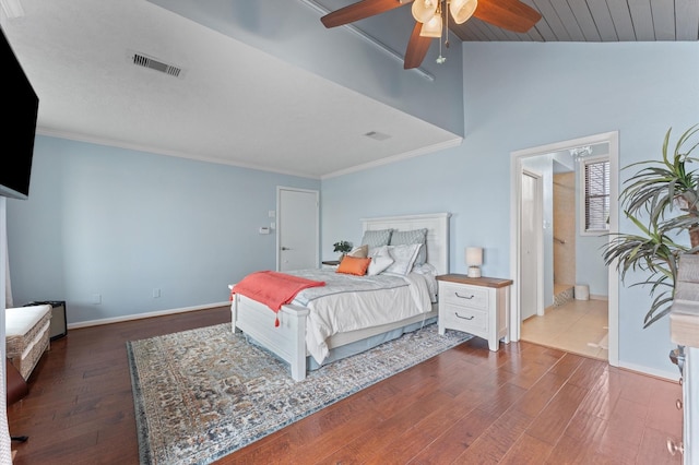 2816 Lighthouse Dr, Houston, TX 77058 - bedroom with wood finished floors, vaulted ceiling, a ceiling fan, and ornamental molding