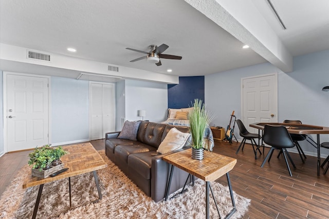 2816 Lighthouse Dr, Houston, TX 77058 - living room featuring ceiling fan, dark wood-type flooring, recessed lighting, and a textured ceiling