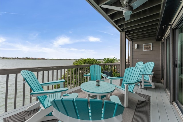 2816 Lighthouse Dr, Houston, TX 77058 - wooden deck featuring a water view and a ceiling fan
