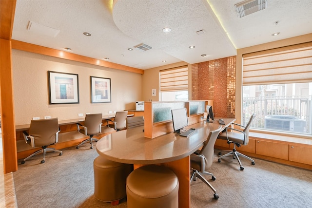 3505 Sage Rd Unit 1206, Houston, TX 77056 - office area with light colored carpet, a textured ceiling, built in study area, and recessed lighting