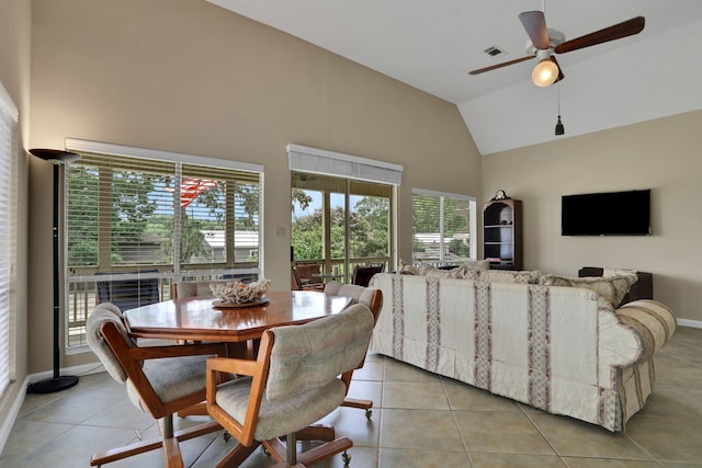 63 Harbour Row Dr, Coldspring, TX 77331 - dining room with high vaulted ceiling, ceiling fan, and light tile patterned floors