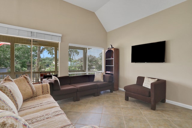 63 Harbour Row Dr, Coldspring, TX 77331 - living area with high vaulted ceiling and tile patterned flooring
