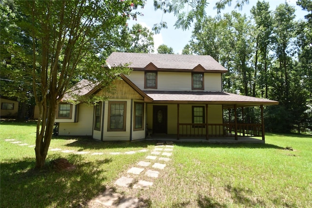 191 Harvey Bryant Rd, Coldspring, TX 77331 - view of front of house with covered porch, a front yard, and a shingled roof