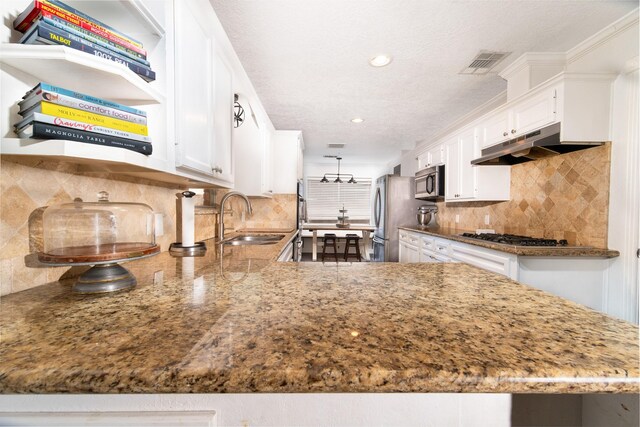 3405 Randall St, Pearland, TX 77581 - kitchen featuring stainless steel appliances, under cabinet range hood, white cabinets, stone countertops, and tasteful backsplash