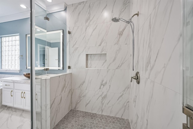 9503 Martha Springs Dr, Houston, TX 77070 - full bath with a marble finish shower, vanity, marble look tile flooring, ornamental molding, and recessed lighting