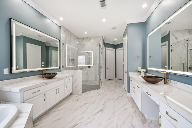 9503 Martha Springs Dr, Houston, TX 77070 - full bath featuring a marble finish shower, crown molding, two vanities, marble finish flooring, and recessed lighting