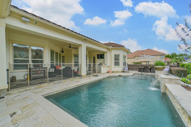 9503 Martha Springs Dr, Houston, TX 77070 - swimming pool featuring a patio area and a ceiling fan