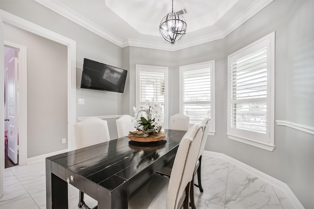 9503 Martha Springs Dr, Houston, TX 77070 - dining space featuring light marble finish floors, a chandelier, and ornamental molding