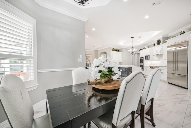9503 Martha Springs Dr, Houston, TX 77070 - dining area with a chandelier, light marble finish floors, ornamental molding, and recessed lighting