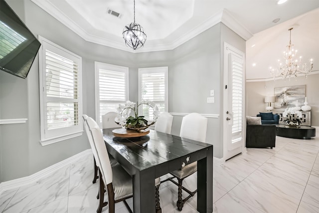 9503 Martha Springs Dr, Houston, TX 77070 - dining room featuring a chandelier, light marble finish flooring, and crown molding