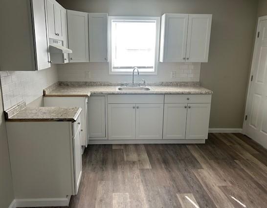 2308 13th Ave N, Texas City, TX 77590 - kitchen featuring ventilation hood, white cabinetry, wood finished floors, and tasteful backsplash
