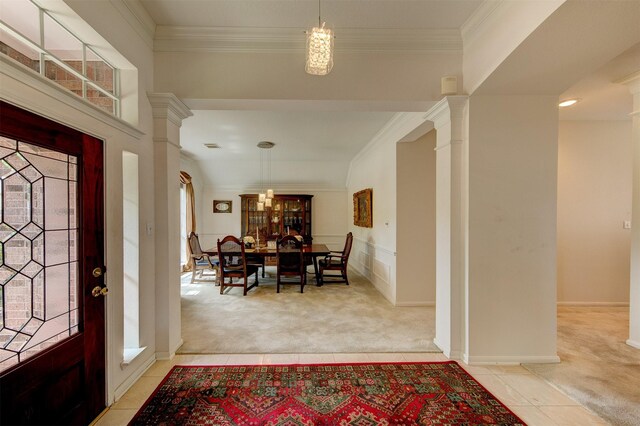 3910 Sand Myrtle Dr, Houston, TX 77059 - entrance foyer with light colored carpet, decorative columns, healthy amount of natural light, and ornamental molding