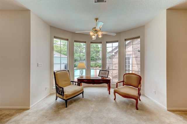 3910 Sand Myrtle Dr, Houston, TX 77059 - living area with carpet flooring, ceiling fan, and a textured ceiling
