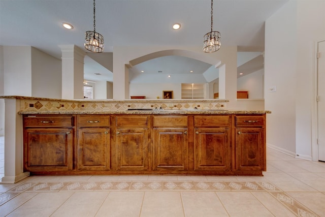3910 Sand Myrtle Dr, Houston, TX 77059 - kitchen featuring light tile patterned flooring, hanging light fixtures, recessed lighting, light stone countertops, and a chandelier