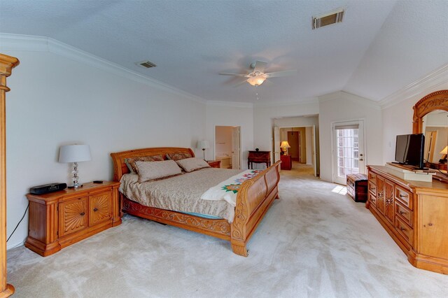 3910 Sand Myrtle Dr, Houston, TX 77059 - bedroom with lofted ceiling, light carpet, ceiling fan, and crown molding