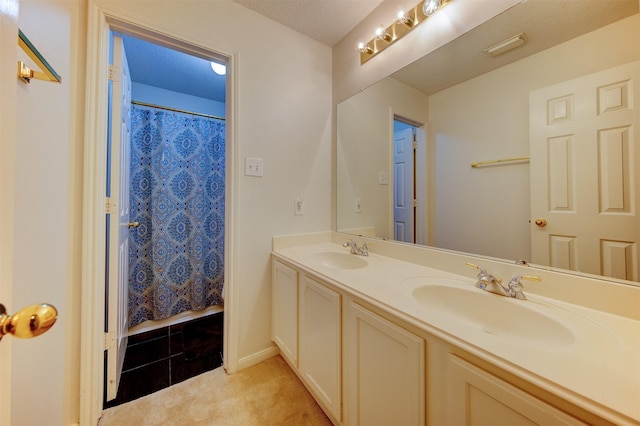 3910 Sand Myrtle Dr, Houston, TX 77059 - bathroom featuring double vanity and curtained shower