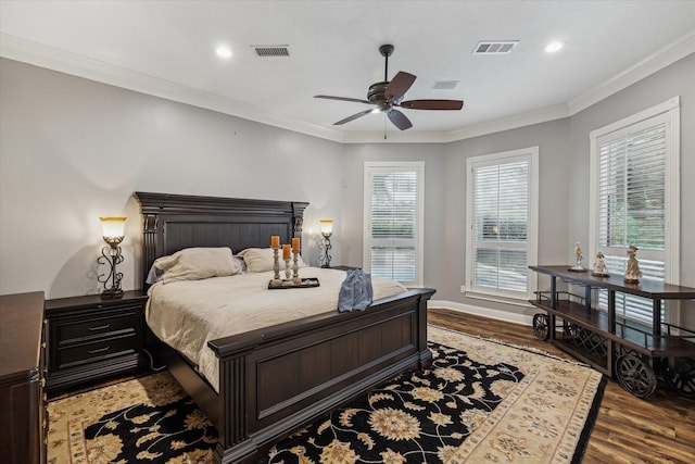 59 N Berryline Cir, Spring, TX 77381 - bedroom with wood finished floors, recessed lighting, ornamental molding, and ceiling fan