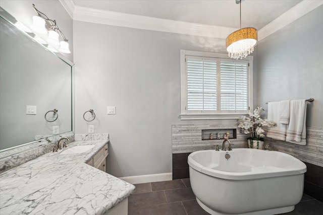 59 N Berryline Cir, Spring, TX 77381 - full bathroom with a soaking tub, vanity, ornamental molding, and tile patterned flooring