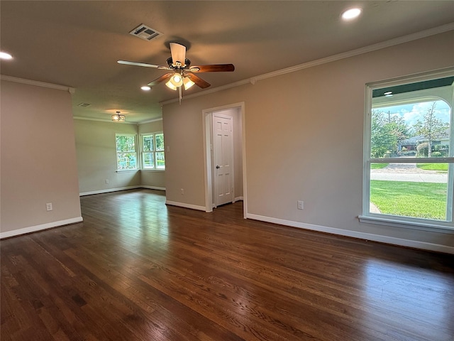 6202 Simsdale St, Houston, TX 77087 - unfurnished room featuring crown molding, a ceiling fan, dark wood-type flooring, and recessed lighting