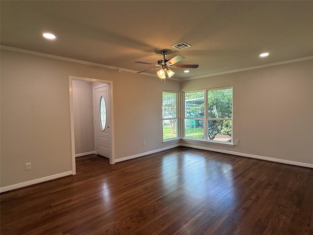 6202 Simsdale St, Houston, TX 77087 - unfurnished room with plenty of natural light, ceiling fan, dark wood finished floors, ornamental molding, and recessed lighting