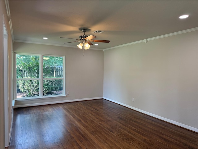 6202 Simsdale St, Houston, TX 77087 - empty room with ceiling fan, dark wood finished floors, ornamental molding, and recessed lighting