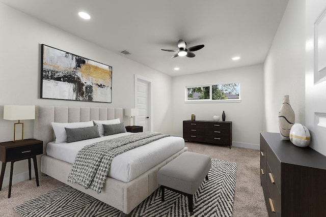 200 Burnett Dr, Baytown, TX 77520 - bedroom featuring light carpet, recessed lighting, and ceiling fan