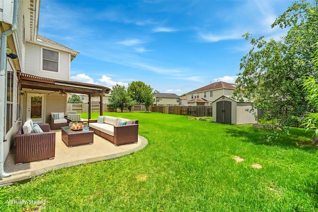 18203 Park Sage Ct, Cypress, TX 77433 - fenced backyard with an outdoor living space, a shed, a patio, and a ceiling fan