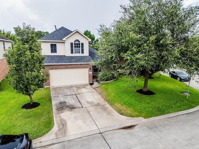 10627 Fire Sage Dr, Humble, TX 77396 - traditional-style house with roof with shingles, brick siding, concrete driveway, a front lawn, and an attached garage