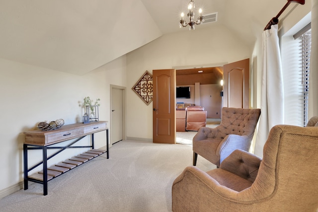 21311 Fairhaven Meadow Dr, Cypress, TX 77433 - sitting room with light colored carpet, vaulted ceiling, and a chandelier