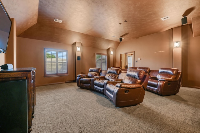 21311 Fairhaven Meadow Dr, Cypress, TX 77433 - home theater featuring carpet flooring, healthy amount of natural light, a textured ceiling, and vaulted ceiling