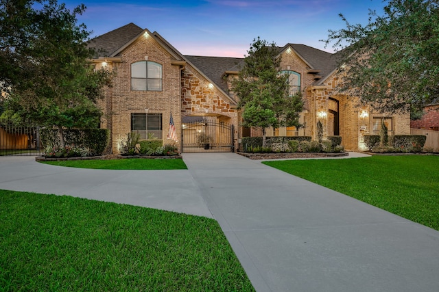 21311 Fairhaven Meadow Dr, Cypress, TX 77433 - french country style house featuring a gate, brick siding, driveway, and roof with shingles