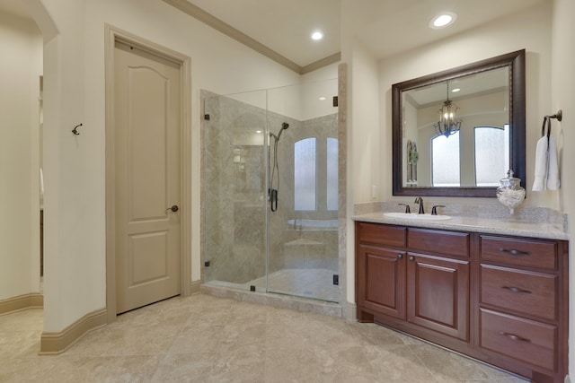 21311 Fairhaven Meadow Dr, Cypress, TX 77433 - bathroom featuring crown molding, a shower stall, vanity, a chandelier, and recessed lighting