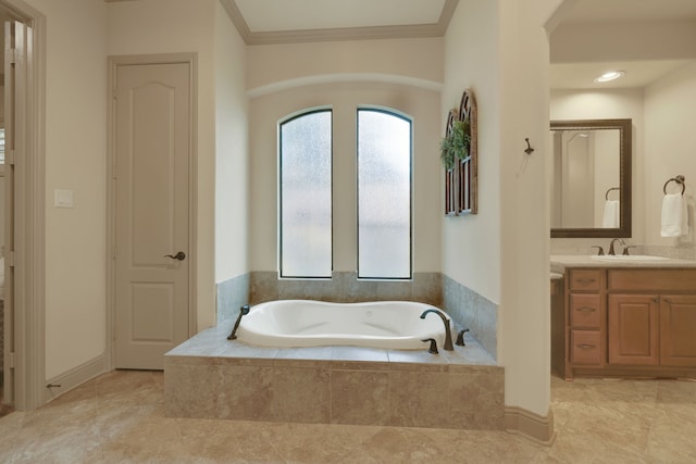 21311 Fairhaven Meadow Dr, Cypress, TX 77433 - bathroom with vanity, a garden tub, and crown molding