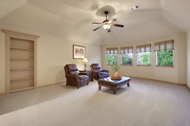21311 Fairhaven Meadow Dr, Cypress, TX 77433 - living area with ceiling fan, carpet, built in shelves, and vaulted ceiling