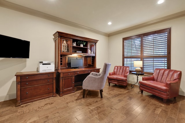 21311 Fairhaven Meadow Dr, Cypress, TX 77433 - home office with light wood-style flooring, ornamental molding, and recessed lighting